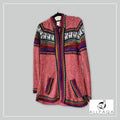 Handmade alpaca hoodie in Salmon pink with multicolour stripes and alpaca details