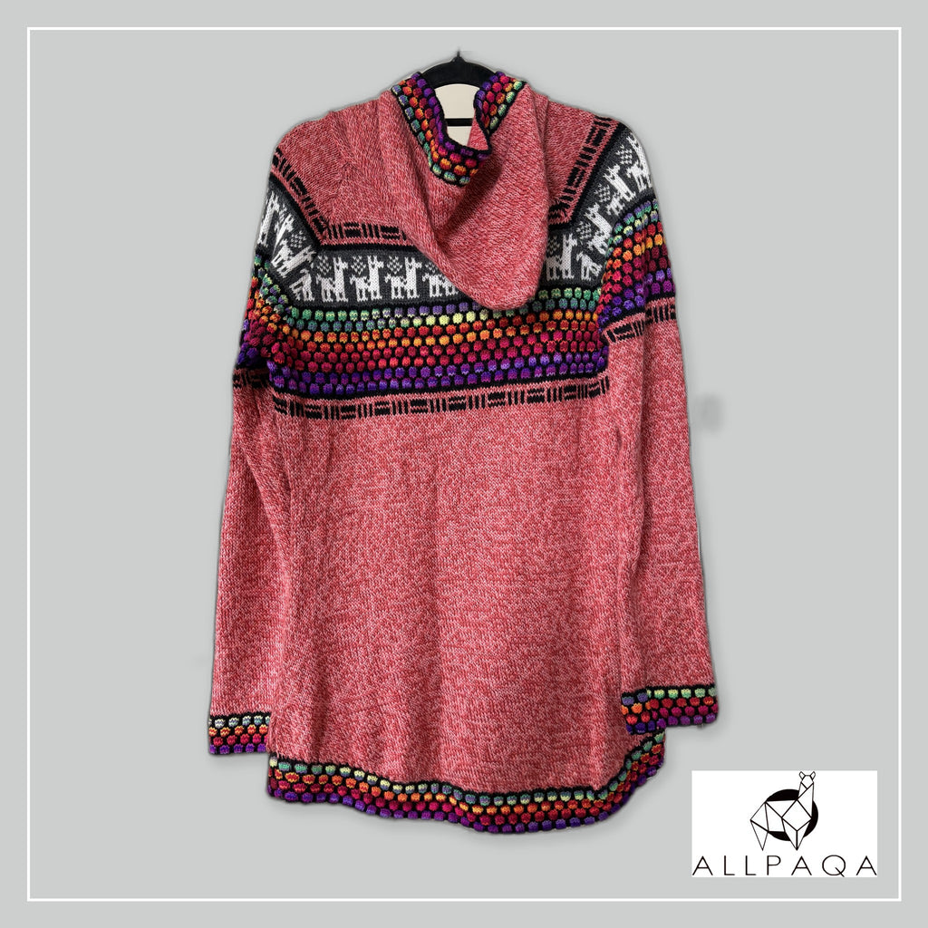 Handmade alpaca hoodie in Salmon pink with multicolour stripes and alpaca details - additional image