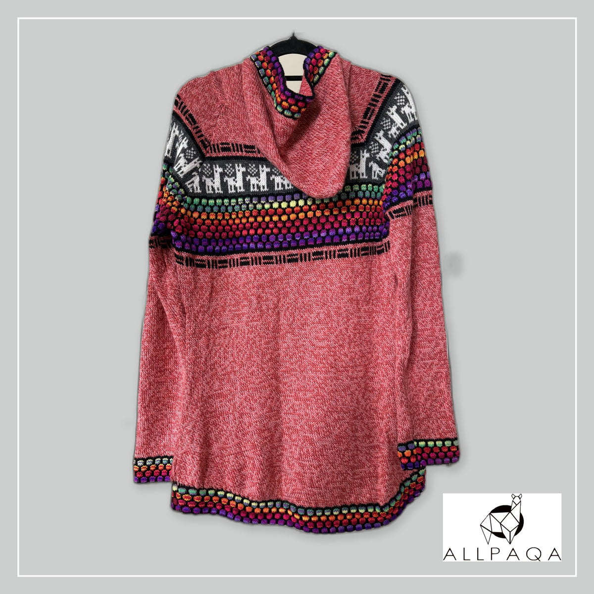 Handmade alpaca hoodie in Salmon pink with multicolour stripes and alpaca details - additional image