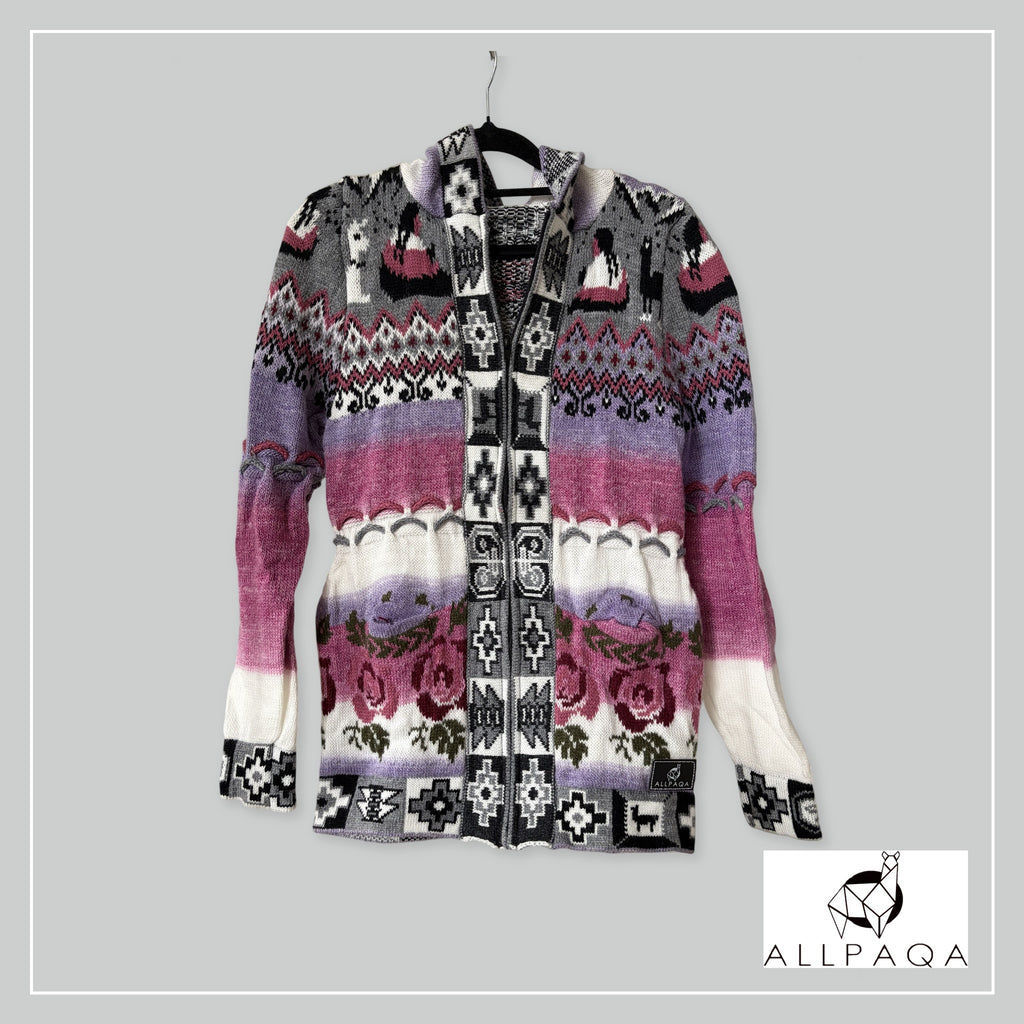 Handmade alpaca hoodie in Shades of pink and purple with flower details