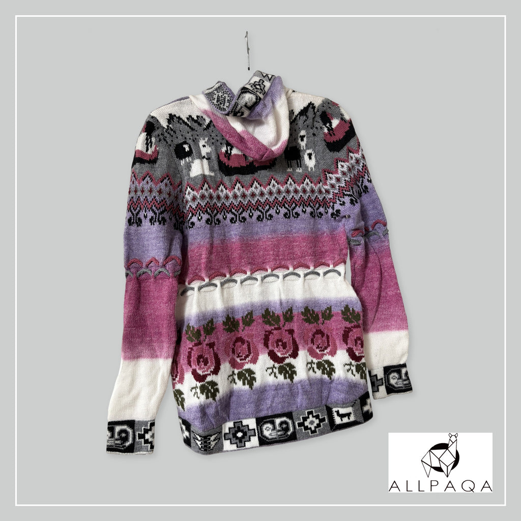 Handmade alpaca hoodie in Shades of pink and purple with flower details - additional image