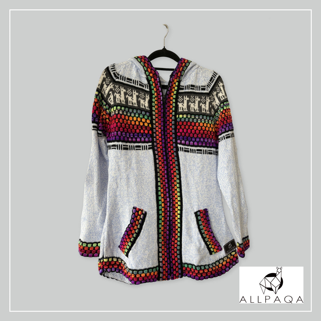 Handmade alpaca hoodie in Ice bluewith multicolour stripes and alpaca details