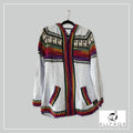 Handmade alpaca hoodie in Ice bluewith multicolour stripes and alpaca details