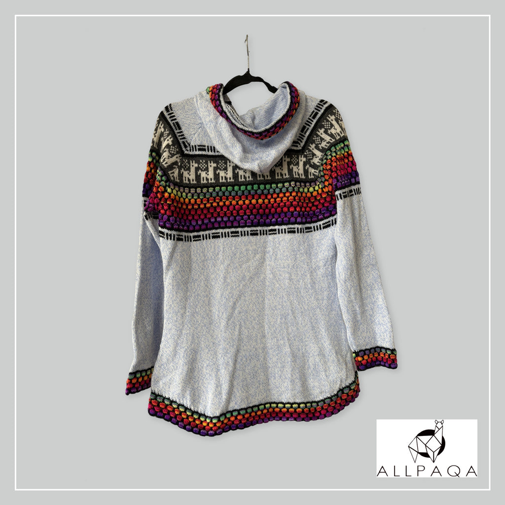 Handmade alpaca hoodie in Ice bluewith multicolour stripes and alpaca details - additional image