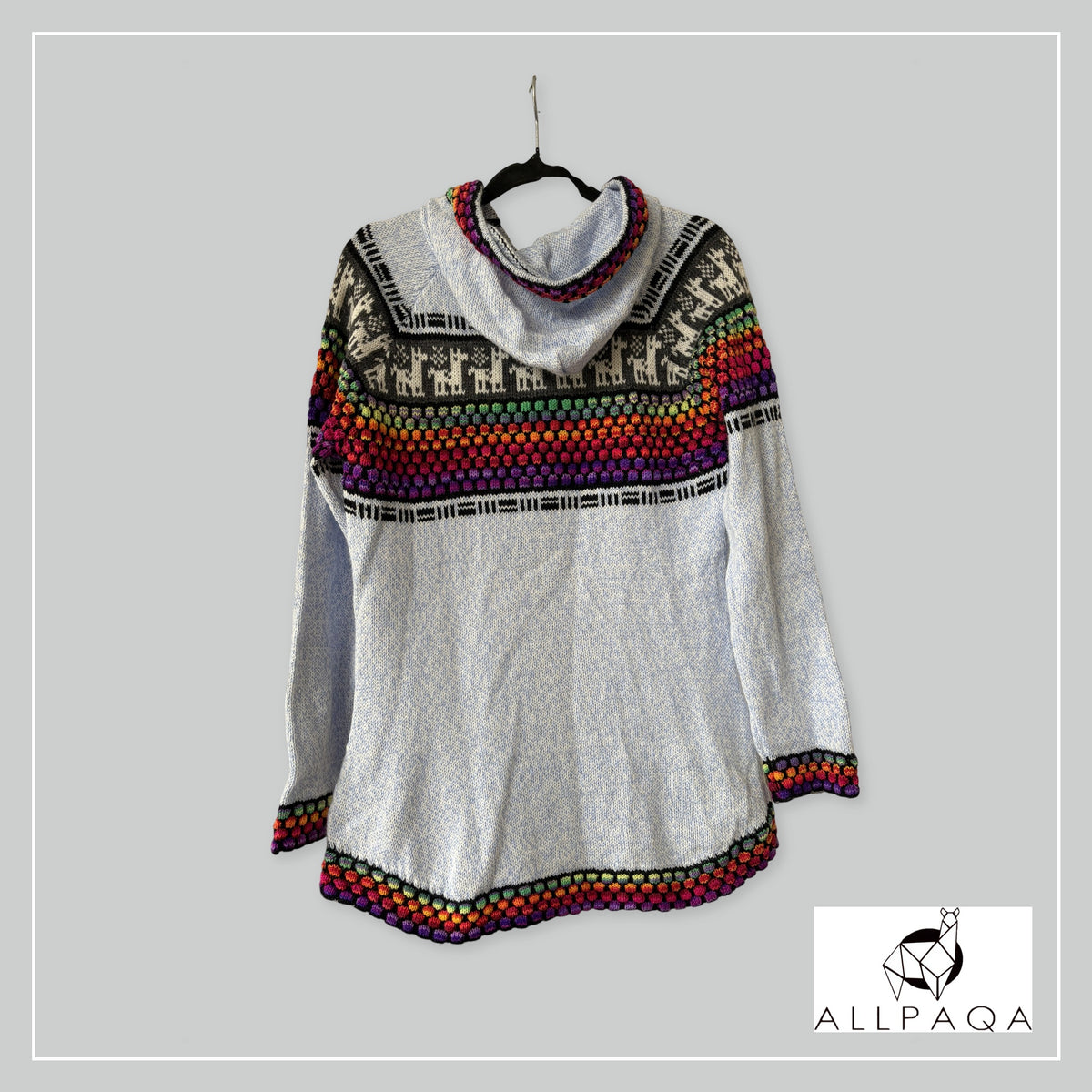 Handmade alpaca hoodie in Ice bluewith multicolour stripes and alpaca details - additional image