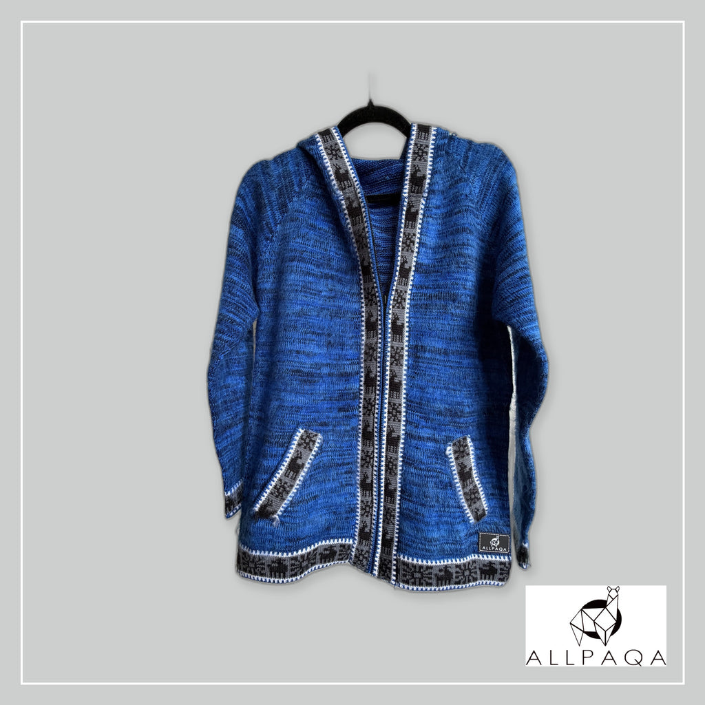 Handmade alpaca hoodie in Shades of ocean blue with black and white andean patterns