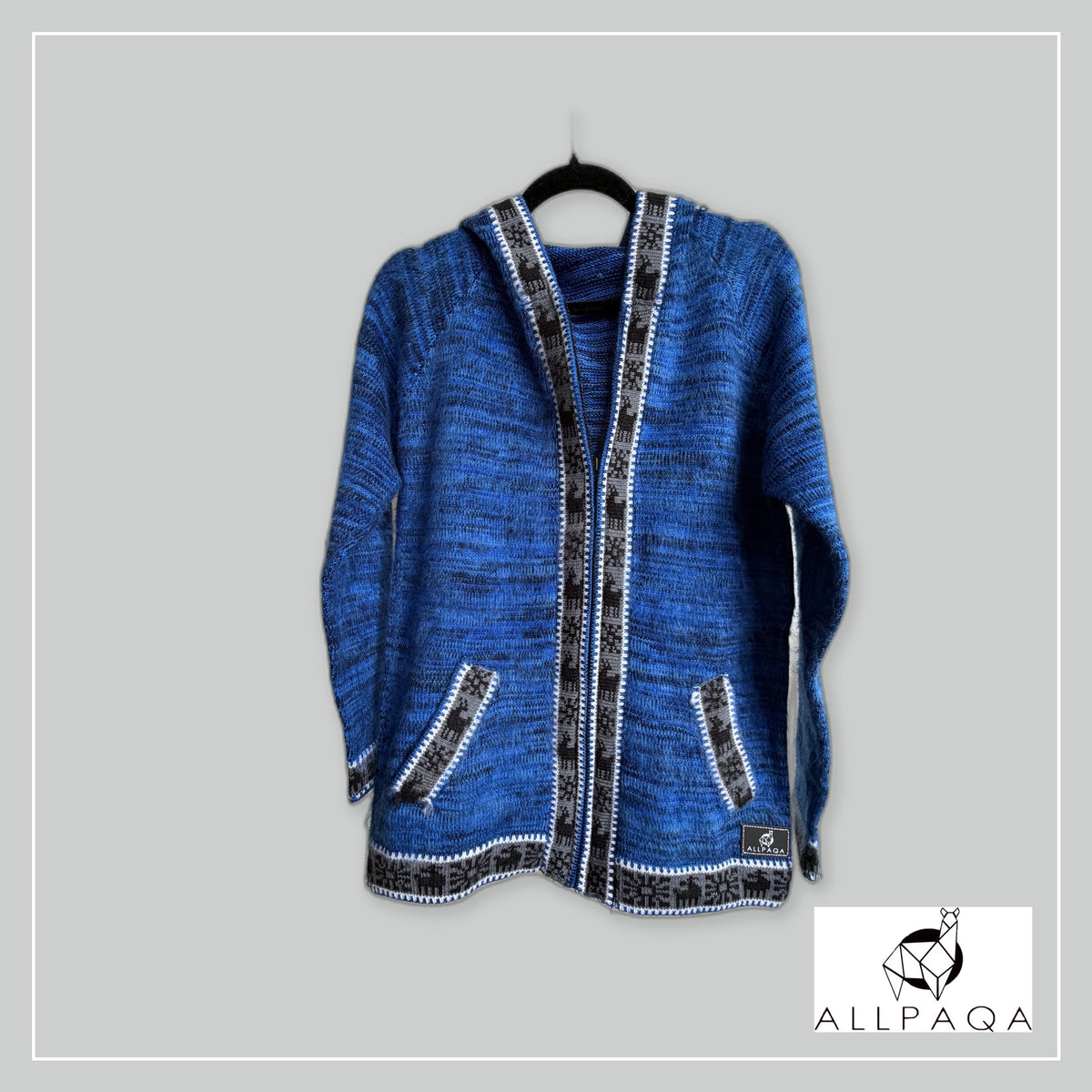 Handmade alpaca hoodie in Shades of ocean blue with black and white andean patterns