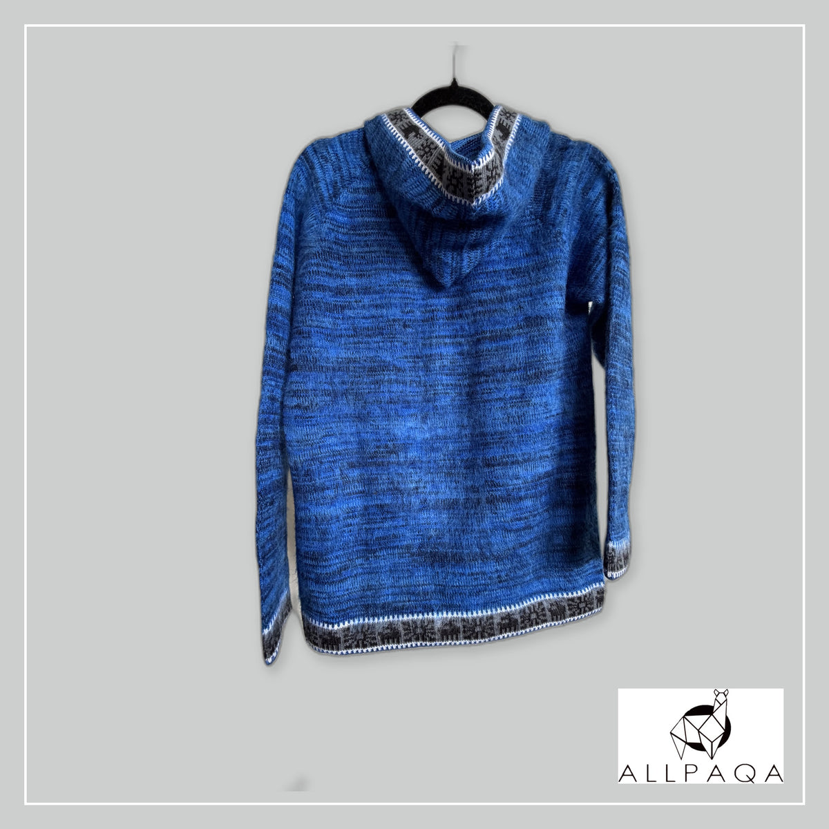 Handmade alpaca hoodie in Shades of ocean blue with black and white andean patterns - additional image