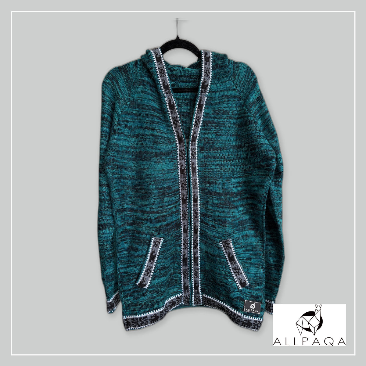 Handmade alpaca hoodie in Shades of emerald blue with black and white andean patterns