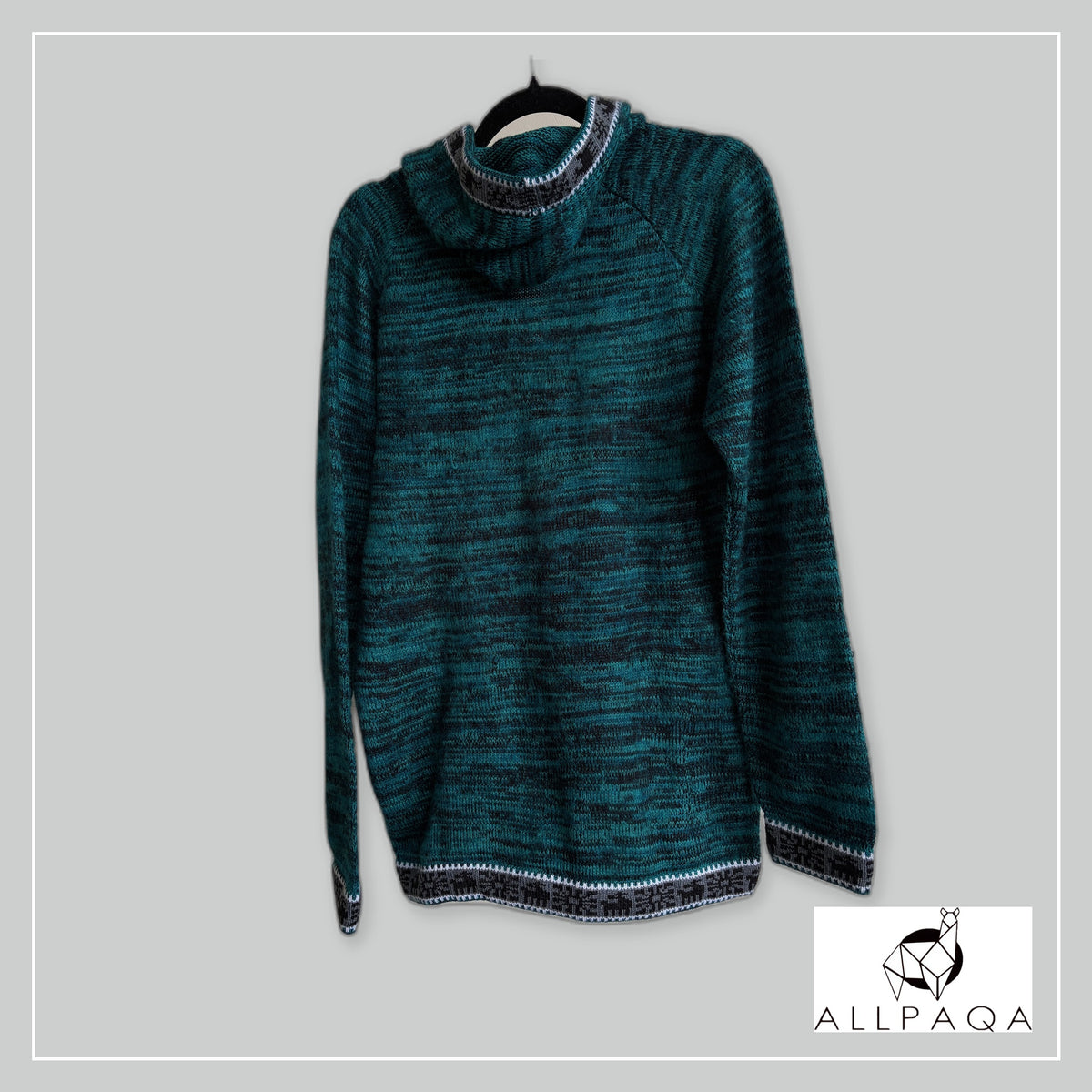 Handmade alpaca hoodie in Shades of emerald blue with black and white andean patterns - additional image