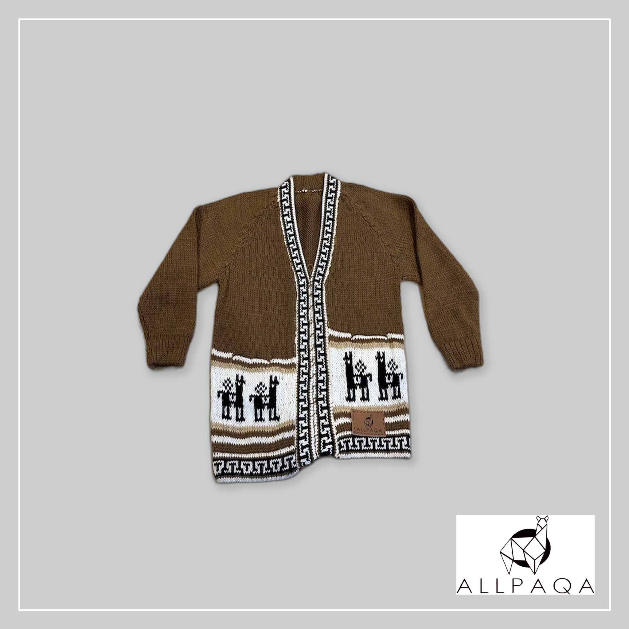 Kids Buttoned Cardigan - Brown with Alpacas