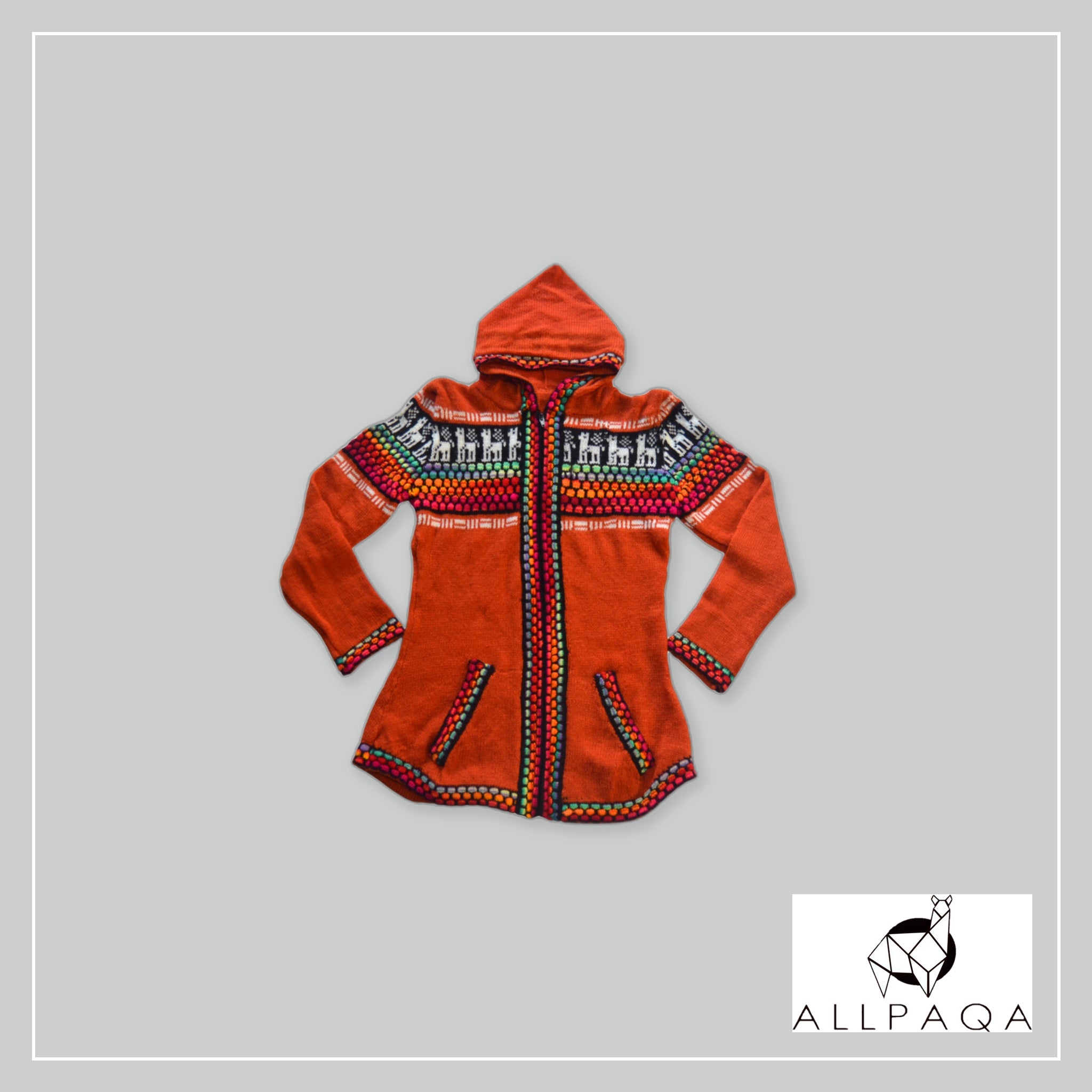Zip-up Hoodie - Orange with Alpacas