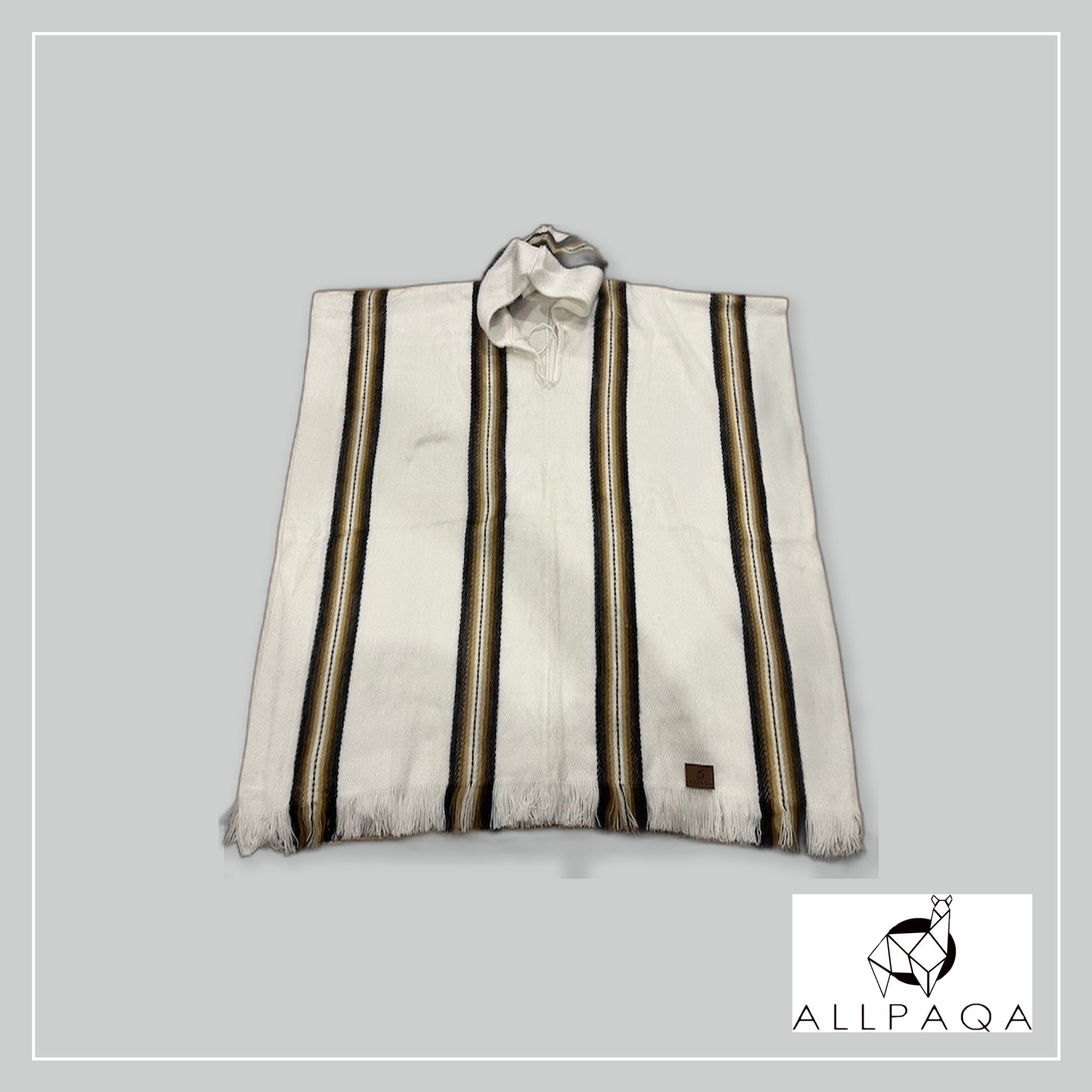 Striped Poncho - White with Brown Stripes