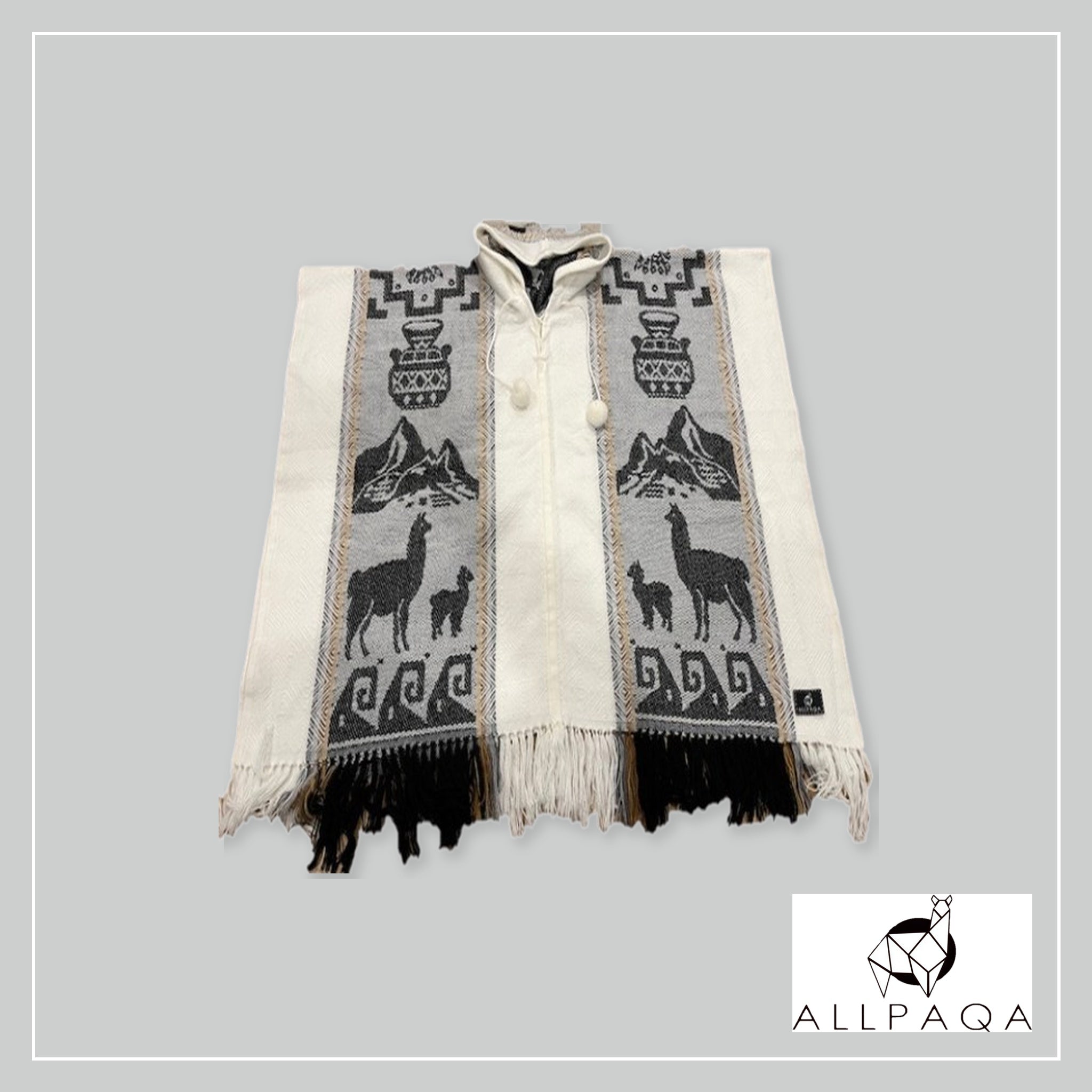 Patterned Poncho - White with Alpacas