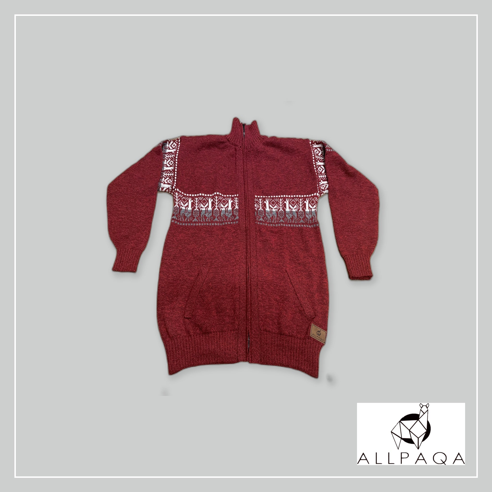 Zip-up Cardigan - Red with alpacas