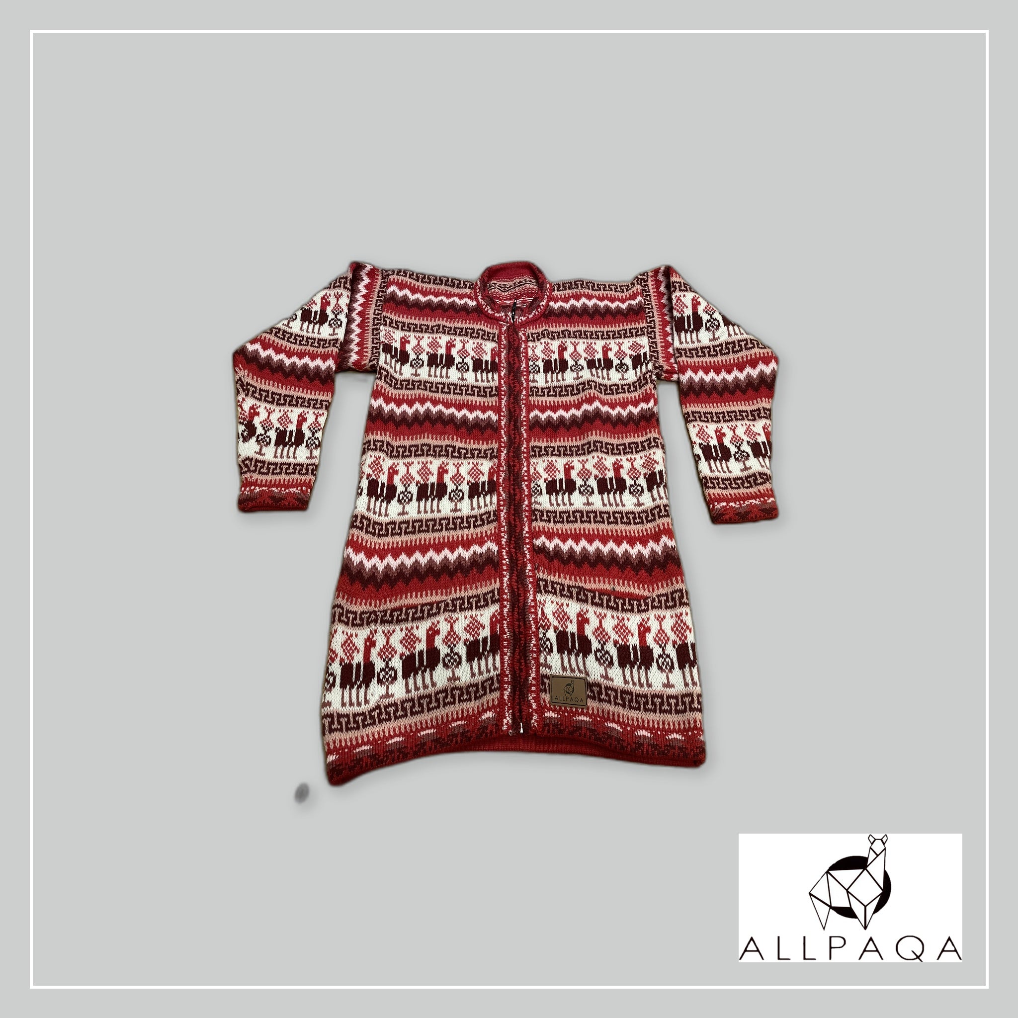 Zip-up Cardigan - Pink and red with alpacas