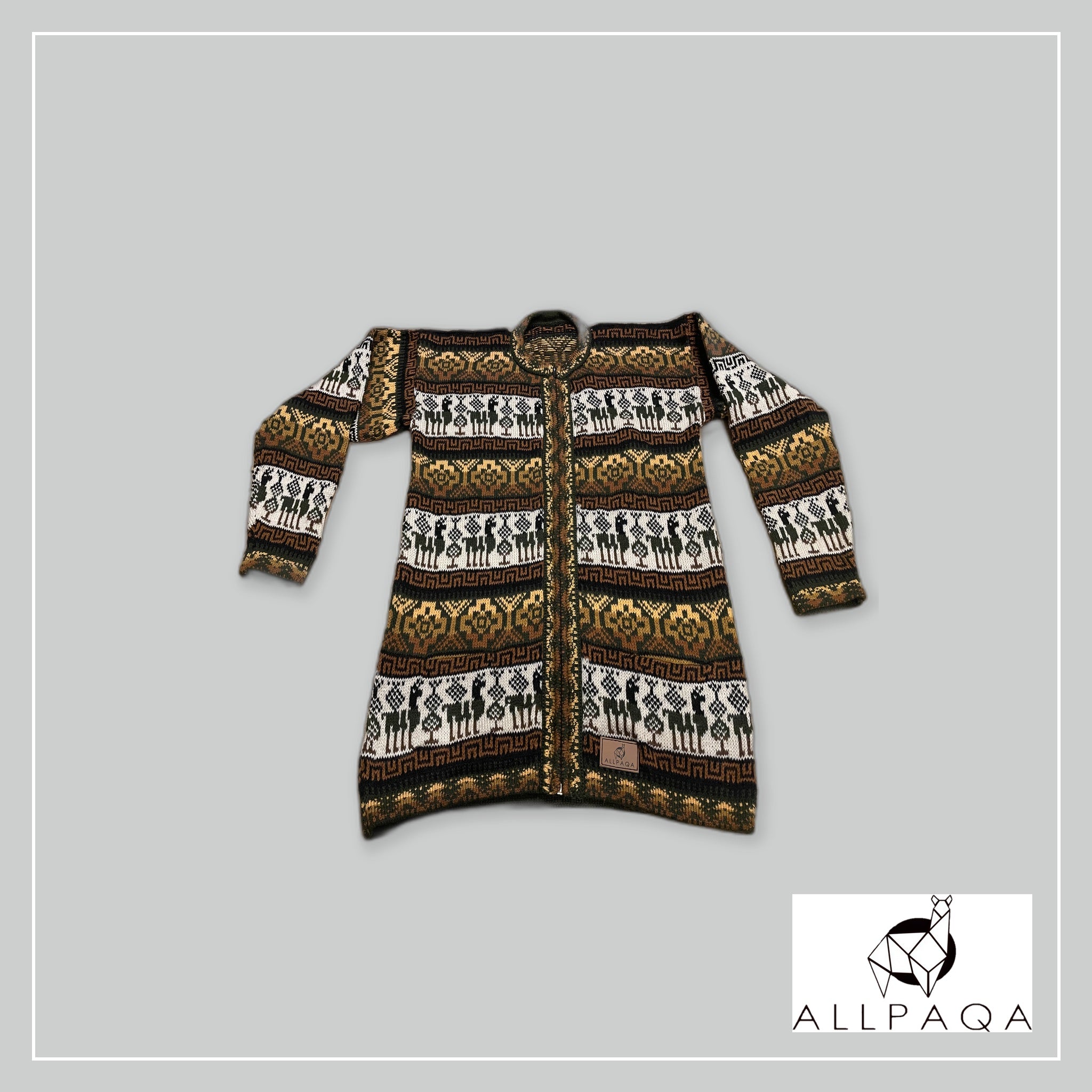 Zip-up Cardigan plain - Brown-mustard and gray with alpacas