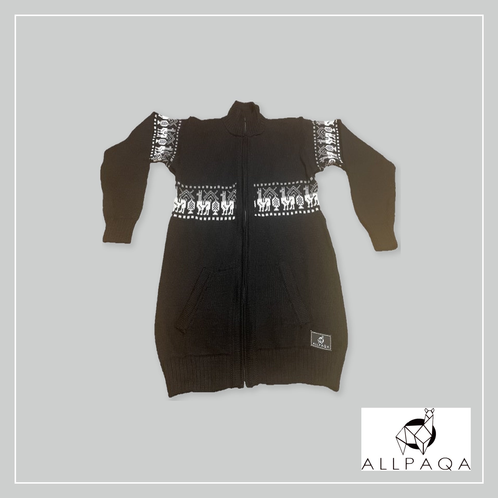 Zip-up Cardigan plain - Black with alpacas