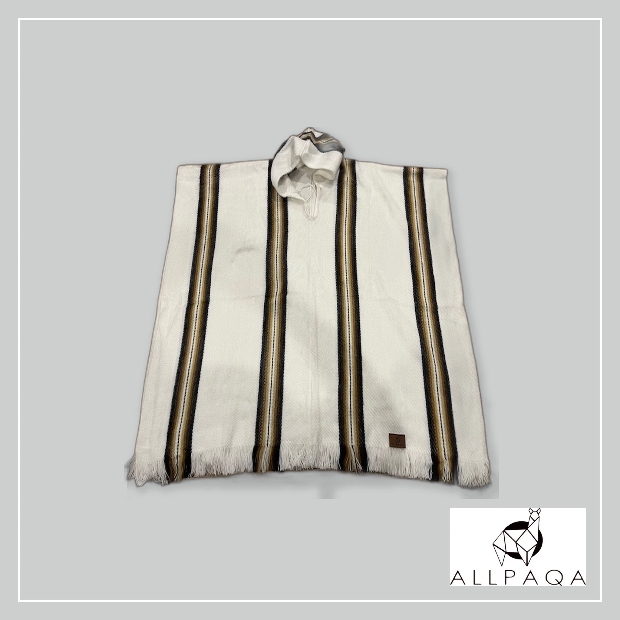 Allpaqa NZ white alpaca poncho with brown stripes and fringe detail. Hooded with drawstring.
