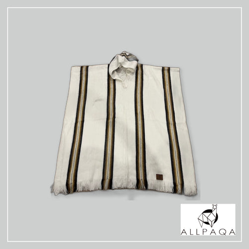 Allpaqa NZ white alpaca poncho with brown stripes and fringe detail. Hooded with drawstring.