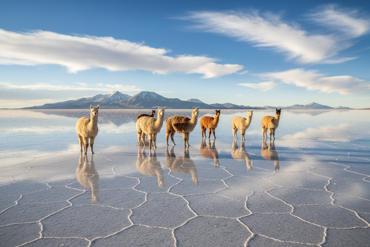 Alpacas on Bolivian salt flats with realistic sky
